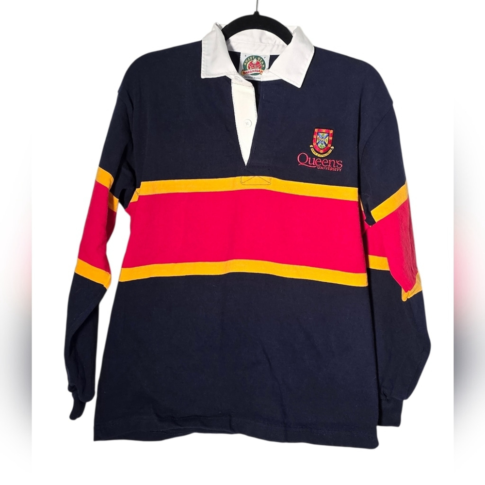 Barbarian Rugby Wear Queen’s University Rugby Shirt Small Navy Red Yellow Stripe - Picture 3 of 11